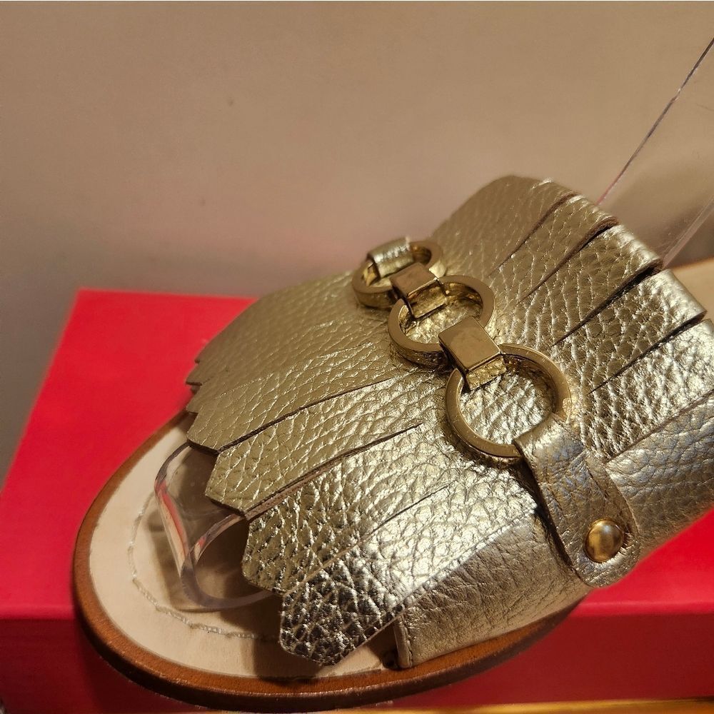 KATE SPADE NEW YORK "Brie" Kiltie Gold Leather Slide Sandals Sz.8.5 Ret. $298 - Picture 3 of 7